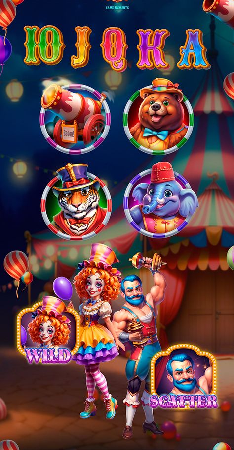 Game Symbols, Circus Game, Circus Characters, Games Design, Gaming Art, Casino Slot Games, Game Props, Slot Machines, Circus Theme