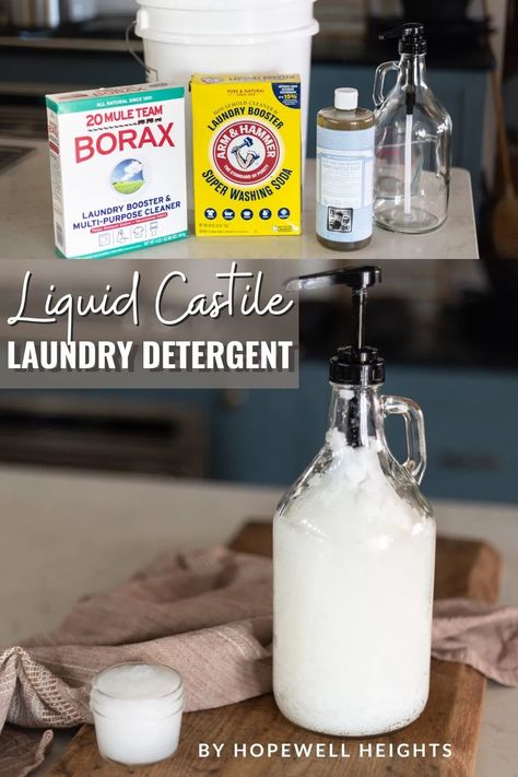 This DIY Laundry Detergent made with liquid castile soap is SO cheap & easy to make with just a few natural ingredients. It's the perfect non-toxic alternative to store-bought detergent! Natural Laundry Detergent Diy, Homemade Laundry Detergent Liquid, Laundry Soap Recipe, Diy Detergent, Diy Laundry Soap, Homemade Detergent, Liquid Laundry Soap, Laundry Detergent Recipe, Detergent Recipe