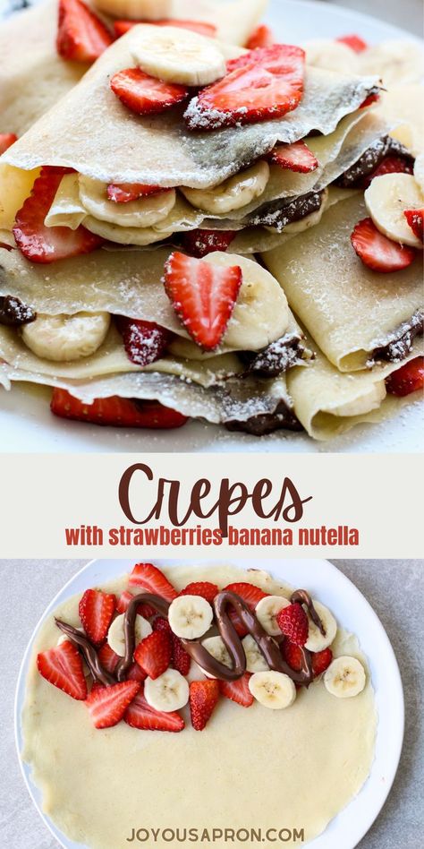 2 reviews · 30 minutes · Serves 12 · Crepe Recipe - easy crepe recipe filled with strawberries, bananas and nutella. A sweet breakfast option for the weekend brunch or special occasion (Mother's Day, Easter, etc). No crepe maker needed… Crepe Recipe Breakfast, Strawberry Banana Nutella Crepes, Easy Nutella Breakfast Ideas, Nutella Strawberry Crepes, Crepe Recipes Easy, Crepes With Nutella And Strawberries, Strawberry Crepe Recipe, Healthy Nutella Recipes Breakfast, Crepe Maker Recipe