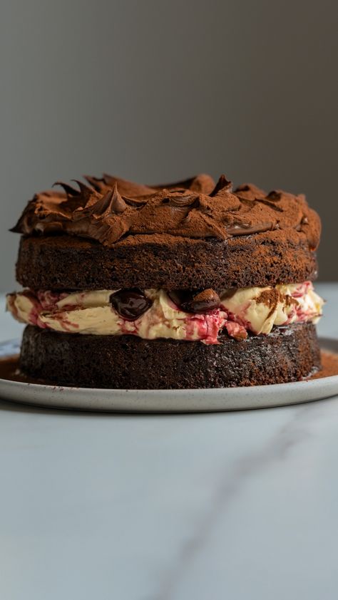 Black Forest-Inspired Chocolate, Vanilla Cherry & Mascarpone Layer Cake with Chocolate Ganache Cherry Mascarpone, Feast Recipes, Cake With Chocolate Ganache, Banana Chocolate Chip Muffins, Black Forest Cake, Forest Cake, Chocolate Chip Muffins, Decadent Chocolate, Family Birthdays