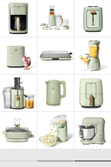 Beautiful Sage Green Small Kitchen Applicances by Drew Barrymore at Walmart - Walmart Finds Sage Green Decor Kitchen, Cottagecore Kitchen Appliances, Sage Green And Gold House Decor, Sage Green Dishes, Green Kitchen Items, Green Kitchen Accessories Decor, Cute Kitchen Appliances Aesthetic, Pretty Kitchen Appliances, Mint Green Kitchen Accessories