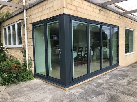 Corner bifold doors, bring the outside in, alfresco dining, slimlinecorner bifold, anthracite grey style, home renovations Origin Windows, Corner Bifold Doors, Sunroom Ideas, Extension Designs, House Extension Design, Alfresco Dining, House Extension, Grey Style, Home Renovations