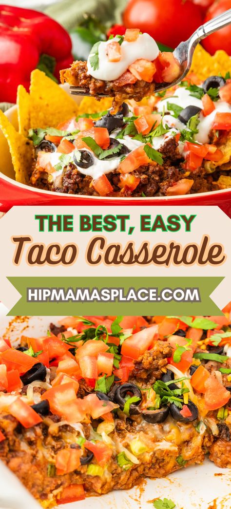 taco casserole recipe Refried Beans Casserole Recipe, Beef Taco Casserole, Easy Taco Casserole, Budget Dinners, Mexican Casserole Recipe, Corn Tortilla Chips, Mexican Casserole, Corn Tortilla, Taco Casserole