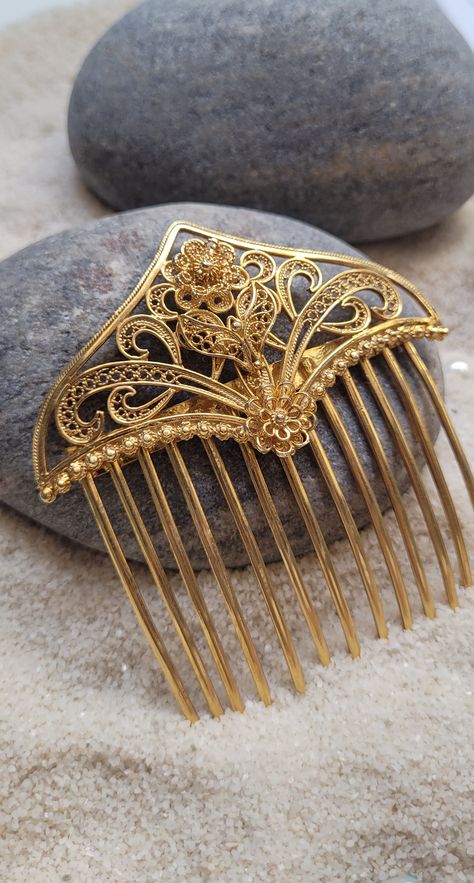 Gold-plated 925 Sterling Silver Filigree hairpin, handmade hair jewelry for wedding, Turkish telkâri of Mardin, handicraft gift for bride Turkish Jewellery Gold, Filigree Jewelry Gold, Wedding Turkish, Ornamental Jewelry, Turkish Gold Jewelry, Jewelry For Wedding, Wire Jewelry Rings, Selling Handmade Items, Filigree Jewelry