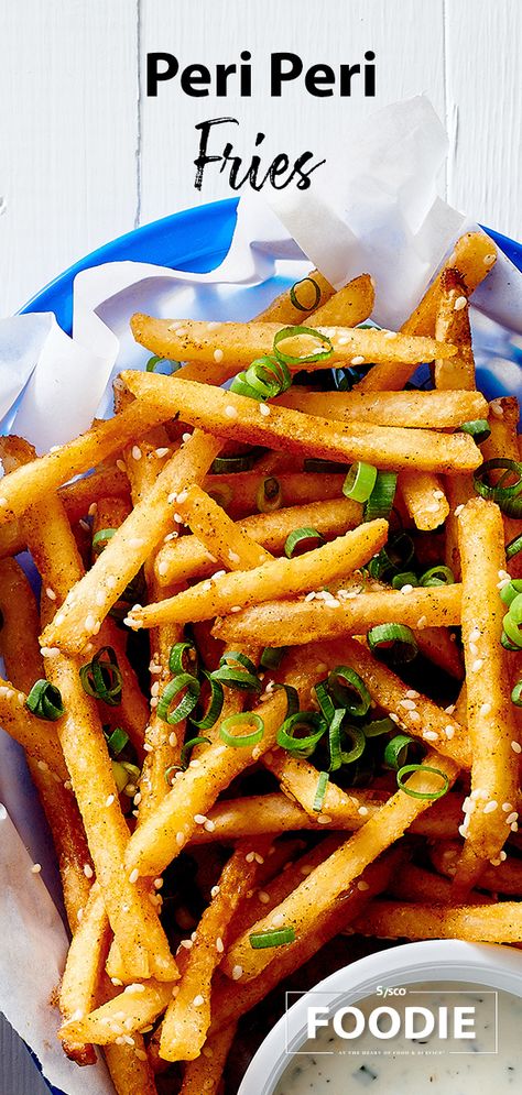 Combine herbs, spices and global flavors with humble french fries to add profit to the plate.   Peri Peri Fries recipe by the Sysco Culinary Team. Peri Peri French Fries, Peri Peri Fries, Pehla Pyaar, Burger Ideas, Spices Photography, Easy Recipies, Zesty Sauce, Manly Man, Peri Peri