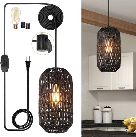 Ruzectt Plug in Pendant Light Rattan Hanging Lights with Plug in Cord 15ft Dimmable Cotton Cord Wicker Boho Hanging Lamps for Kitchen Island Living Room Bedroom Black Light Fixtures (Black-B) - Amazon.com Black Lights Bedroom, Hanging Bedside Lights, Rattan Pendant Lights, Boho Lighting, Wicker Pendant Light, Lamps For Kitchen, Rattan Design, Plug In Pendant Light, Boho Style Bedroom