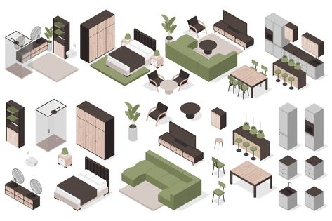 Furniture Isometric Elements Isometric Furniture, Isometric Elements, Kitchen Vector, Greenhouse Farming, Architecture Drawing Presentation, Set Dressing, Landscape Elements, Tree Saw, Summer Landscape