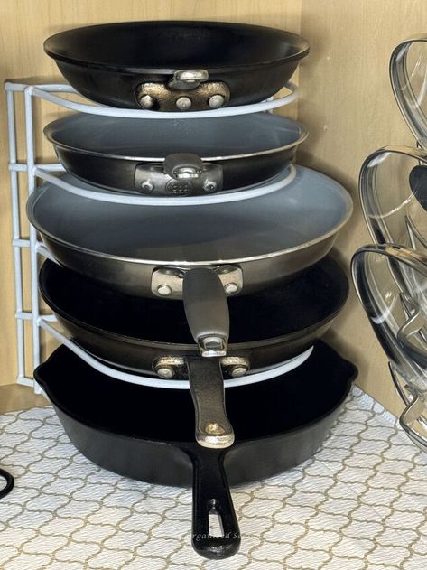 Are you tired of digging through stacked pots and pans every time you cook? Let us show you how to organize your pots, pans, and lids in a kitchen cabinet!I used to stack my cookware in the cabinet under our stove and I was tired of having to remove several items to get to the one I needed.**Some of the links in this post are affiliate links. This means if you click on the link and purchase the item, we will receive an affiliate commission at no extra cost to you. We appreciate your su… Organize Pots And Pans, Stacked Pots, Cookware Organization, Organizing Challenges, Lid Organizer, Organization Inspiration, Pots Pans, Trash Bag, Pot Lids