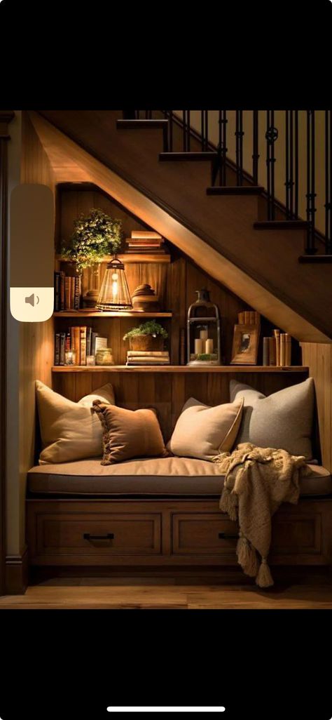 Book Nook Under Stairs, Under Stairs Book Nook, Under Stairs Bookshelf, Under The Stairs Reading Nook, Living Room With Stairs, Stair Bookshelf, Stair Ideas, Diy Staircase, Stairs In Living Room