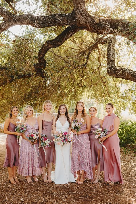 Mauve Pink Satin Bridesmaid Dress, Short Mismatched Bridesmaid Dresses, Bridesmaids Dresses Mauve, Mixed Blush Bridesmaid Dresses, Mismatched Satin Bridesmaid Dresses, Shades Of Mauve Bridesmaid Dresses, Mauve Mismatched Bridesmaids, June Wedding Bridesmaid Dress Colors, Bridesmaid Dress Mauve