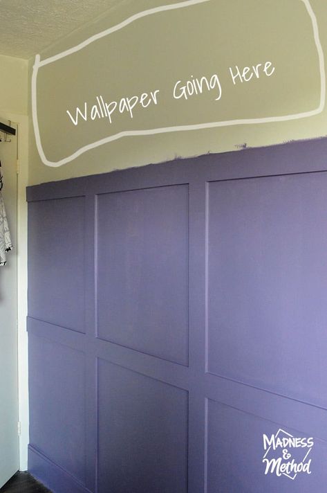 Looking for modern floral wallpaper with some purple? Check out this great roundup and follow the bedroom progress for the Spring 2020 One Room Challenge. Purple Board And Batten Nursery, Lavender Board And Batten Wall, Purple Shiplap Wall, Purple Panelling Bedroom, Purple Board And Batten Wall, Purple Board And Batten, Purple Panelling, Modern Floral Wallpaper, Purple Bedrooms