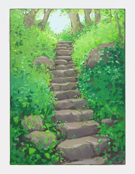 Forest Stairs, Digital Art Coloring, Coloring Reference, Forest Drawing, Character Artist, Landscape Concept, Background Drawing, Gouache Art, Studio Ghibli Art