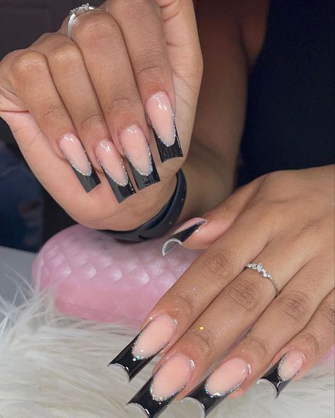 Black Nails Styles, Black French Tip Medium Nails, Black French Tip Long Nails, Black Acrylic Nails Birthday Set, Black Nails Inspo Square, Black Nails Square Medium, Black Nails For Hoco, Medium Black French Tip Nails, Medium Black Nails