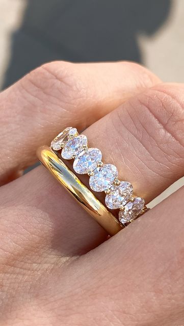 Eternity Band Engagement Ring Stack, Oval Diamond And Wedding Band, Engagement Eternity Band, Gold Band And Diamond Band Stack, Eternity Ring Oval Diamond, Eternity Ring Diamond Oval, Oval Diamond Infinity Band, Yellow Gold Oval Engagement Ring With Diamond Band, Wedding Ring Eternity Band