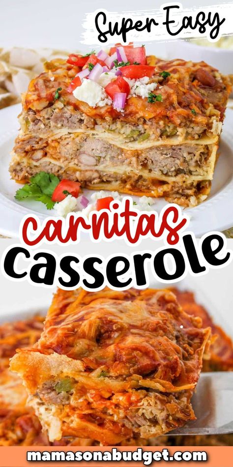 This Carnitas Casserole is so easy to make! Layers of tender pork, corn tortillas, and cheesy goodness make up this easy casserole. A great weeknight dinner. And, the perfect way to use leftover carnitas! Carnitas Casserole Recipes, Carnitas Enchiladas Casserole, Carnita Meat Leftovers, Leftover Corn Tortillas, Carnitas Recipes Leftover, Carnitas Leftover Ideas, Leftover Pork Carnitas Recipe, Leftover Carnitas Recipes, Carnitas Dinner Ideas