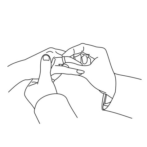 Illustration of line drawing a closeup of hands exchanging wedding rings. Wedding couple hands. Groom put a wedding ring on bride hand. Man placing an engagement ring on his girlfriend's ring finger Rings Engagement Drawing, Wedding Ring Drawing, Croquis Couple, Mains Couple, Hand With Ring, Holding Hands Drawing, Wedding Ring Hand, How To Draw Fingers, Ring Sketch