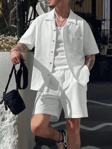 White Casual Collar   Plain  Embellished Non-Stretch  Men Clothing White Casual Men Outfit, White Short Men Outfit, White Summer Outfits Men, Turkey Moodboard, Mens White Outfit, White Shorts Outfit Men, All White Outfit Men, All White Outfit Casual, White Outfit Men