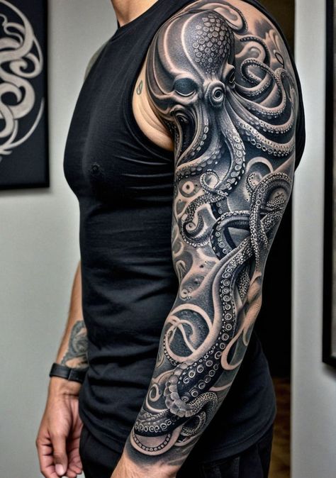 Octopus Tattoo Sleeve Men, Octopus Arm Tattoos For Women, Underwater Leg Sleeve, Deep Sea Tattoo Ideas, Kracken Tattoos, Ocean Tattoos Sleeve Underwater, Octopus Tattoos Sleeve, Water Theme Tattoo, Black Octopus Tattoo