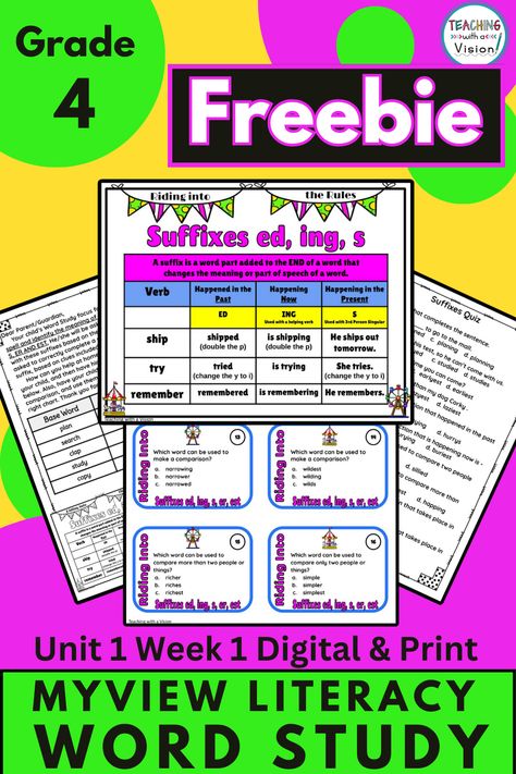 Freebie for myView Literacy 4th Grade, Unit 1 Week 1 Word Study. 35 pages of Task Cards, Anchor Charts, Quiz, Parent Letter & More. Digital & Print Myview Literacy, 5th Grade Activities, Base Words, Dear Parents, Letter To Parents, Middle School Classroom, Parts Of Speech, Word Study, Grade 5