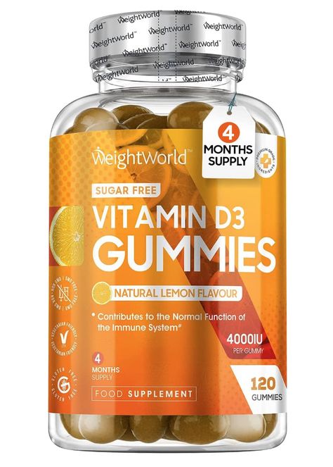 Why WeightWorld's Vitamin D3 Gummies?: Looking for a natural & tasty way to get enough Vitamin D? Each serving of our High Strength Vitamin D supplement delivers potency of 4000IU to provide incredible health benefits. Each pack contains 120 chewable Vitamin D gummies (not vitamin D tablets) to keep you replenished for 4 months straight, providing an amazing value. Take 1 vitamin D gummy adult per day to meet daily vitamin requirement. Our Vitamin D chewable adults is the must have supplement! Immune System Vitamins, Chewable Vitamins, Cold And Cough Remedies, Daily Vitamin, Vitamin D Supplement, Gummy Vitamins, Cough Remedies, Daily Vitamins, Vitamin D3