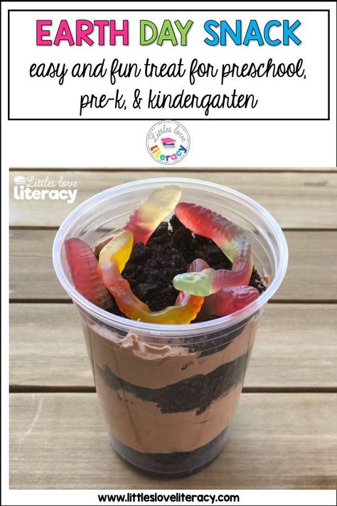 Earth Day books & snacks for preschool, prek, & kindergarten. Great activities for kids to use at home or in the classroom with your students {April lesson plans}. The snack is Dirt and Worms...easy to make and fun to eat! Post includes full recipe, which is made with pudding and Oreos. Book suggestions include both fiction {such as The Lorax by Dr. Seuss} and nonfiction. These ideas are sure to make your kids happy and help them learn to take care of our Earth! #littlesloveliteracy #earthday Preschool Snacks For Classroom Easy, Preschool Food Activities Easy Recipes, Literacy Cooking Activities Preschool, Spring Food Activities For Kids, Classroom Food Activities, Preschool Snack Activities, Spring Cooking Activities For Preschool, Easy Cooking Activities For Preschool, Classroom Snacks For Kids Kindergarten