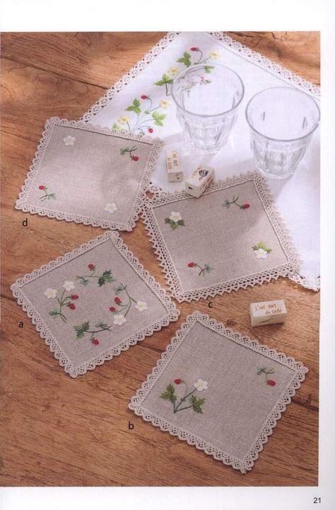 Kantong Souvenir, Coaster Embroidery, Handkerchief Embroidery, Embroidery Napkins, Sulaman Pita, Broderie Simple, Pola Bordir, Wild Strawberry, Diy Broderie