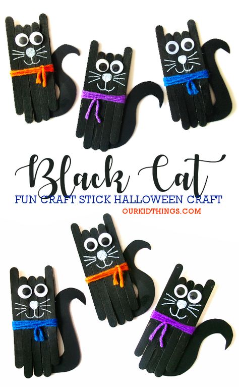 Craft Stick Black Cat Craft The Color Black Crafts For Preschool, Black Color Crafts Preschool, Halloween Craft Popsicle Sticks, Fun Halloween Arts And Crafts For Kids, Black Preschool Crafts, Halloween Crafts For Kindergarten Kids, Halloween Craft Stick Crafts, Halloween Crafts For Students, Tp Roll Halloween Crafts