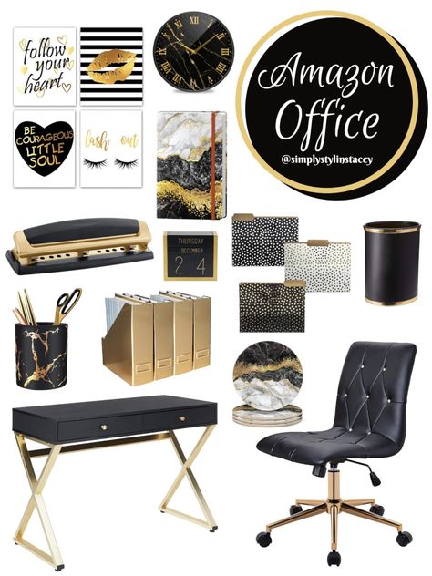 Shop recommended products from Simply Stylin' Stacey on www.amazon.com. Learn more about Simply Stylin' Stacey's favorite products. Black Gold Office, Black And Gold Office, White Gold Office, Black Office Decor, Office Decoration Ideas, White Office Decor, Modern Office Interior, Gold Office Decor, Glam Office