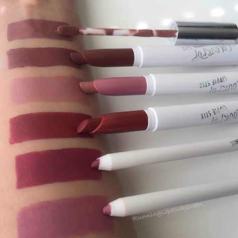 Swatched top to bottom, Ultra Matte Lippie in Beeper, Lippie Stix in Grunge, Oh Snap, Poison, and Lippie Pencils in Dazed and Contempo. Pencil Lipstick, Seductive Makeup, Colourpop Lippie Stix, Lip Colours, Oh Snap, Colour Pop, Lipstick Queen, Makeup Swatches, Make Up Looks