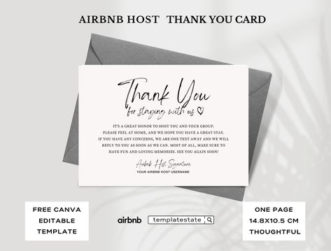 Airbnb Templates, Airbnb Rentals, Welcome Card, Airbnb Host, Thank You Card Template, Marketing Template, Thank You Notes, Business Card Template, Rental Property