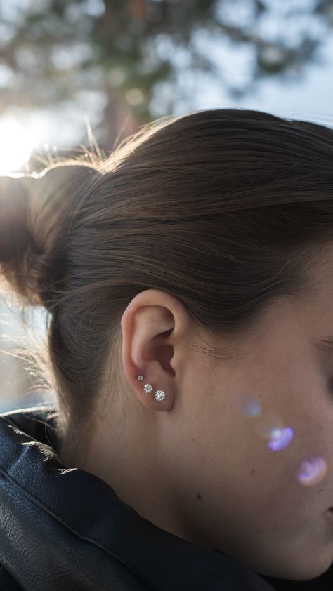 Ear Piercing Ideas Diamonds, Ear Piercings Diamond Studs, Diamond Earring Stack, Diamond Ear Piercings, Ear Piercing Ideas Both Sides, Stacking Earrings, Piercings For Girls, Girly Jewelry, Shine Bright