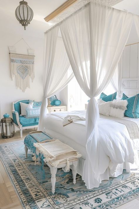 Emslifeandloves Moroccan Interiors Bedroom, Retro Bedroom Ideas, Moroccan Bedroom Ideas, Exotic Bedrooms, Moroccan Inspired Bedroom, Blue Girls Rooms, Gothic Cottage, Summer Room Decor, Distressed Wood Furniture