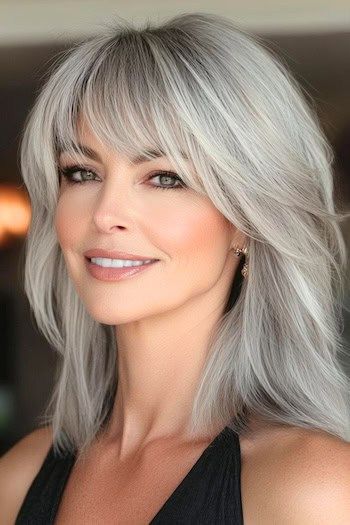 Save this pin for the best haircuts for older women with fine hair. This shaggy shoulder-length cut is giving serious rock star vibes. The layers create depth and texture, making your hair appear thicker and more voluminous than it really is. Womens 80s Hair, Over The Shoulder Haircut With Layers, Mid Length Gray Hair, Shaggy Bob Fine Hair, Haircuts For Gray Hair Over 50, Shoulder Length Layered Haircuts With Bangs, Shag Hairstyles For Fine Hair Over 50, Medium Length Grey Hair With Bangs, Hairstyles For Women Over 50 Fine Hair