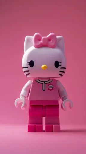 ↑↑↑ Larger size on website 🔸 A pink Hello Kitty Lego figurine stands on a pink background.  She has a white face with black whisk 🔸 From Midjourney AI Image Lego Hello Kitty, Hello Kitty Lego, Lego Figurine, Lego Characters, Pink Hello Kitty, Large Eyes, White Face, Pink Bow, Pink Background