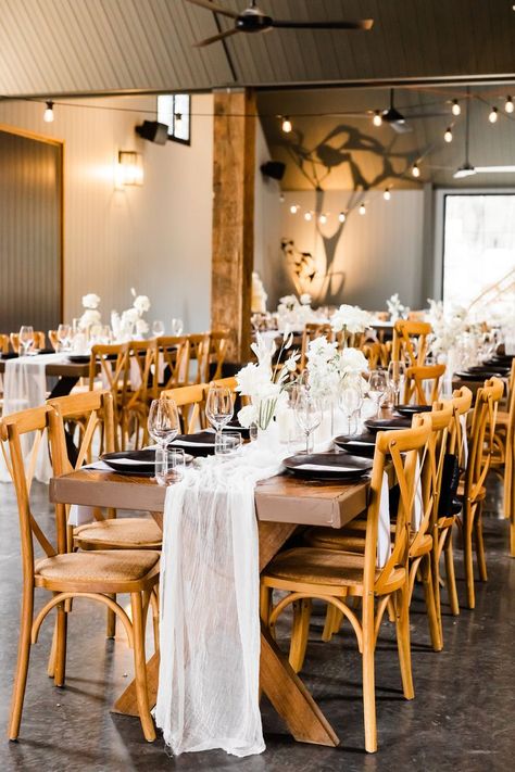 The Woodhouse at Wollombi reception barn set with white linen and black plates. The Woodhouse Wollombi, Hunter Valley Wedding, Vendor Events, Event Styling, Barn Wedding, Table Decorations, Furniture, Home Decor