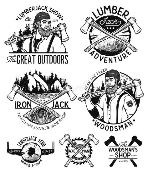 Lumberjack Template Logo. vector illustration Spearfishing Tattoo, Ocean Sleeve Tattoos, Ocean Sleeve, Badges Design, Monochrome Style, Canoe Club, Woodworking Logo, Red Ink Tattoos, Monochrome Fashion