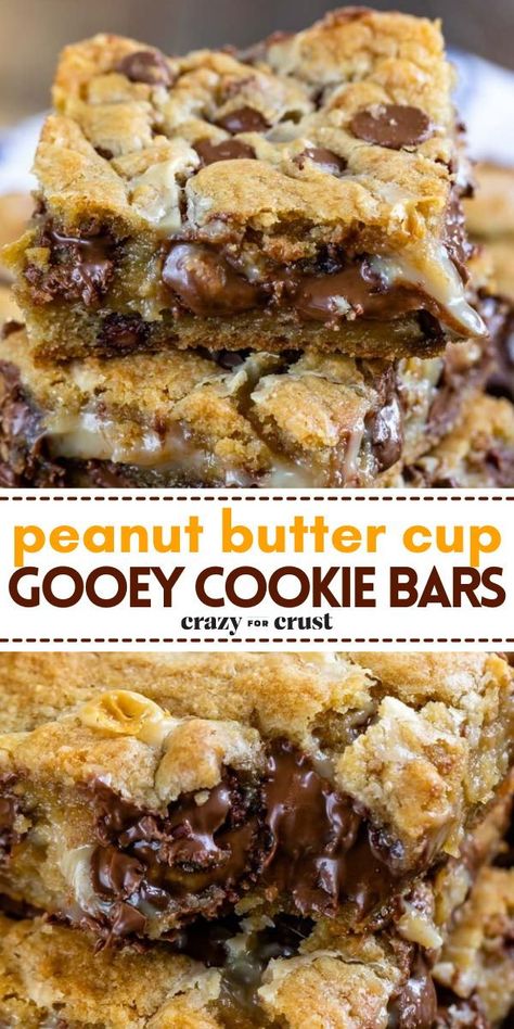 Looking for simple dessert recipes? These gooey cookie bars are the BEST. Filled with peanut butter cups and gooey peanut butter, these chocolate chip cookie bars are decadent. Indulge in this easy-to-make sweet treat today! Chocolate Chip Gooey Bars, Cookie Sheet Recipes, Peanut Butter Choc Chip Bars, Peanut Butter Caramel Bars, Reeses Chocolate Chip Cookie Bites, Candy Bar Cookie Bars, Dessert With Reeses Cups, Peanut Butter Cup Cookie Bars, School Lunch Peanut Butter Bars