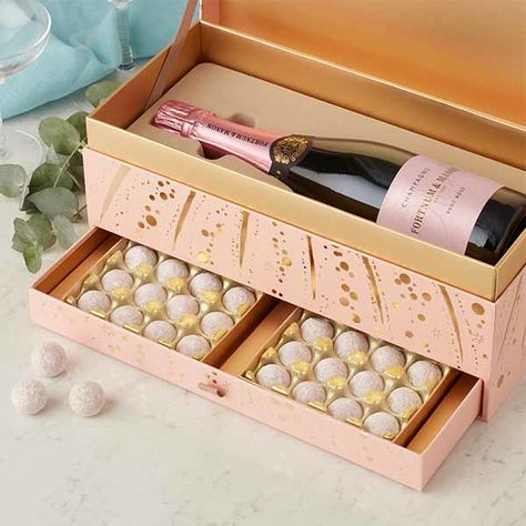 Rosé Champagne & Chocolate Gift Box - Fortnum & Mason Wedding Gifts For The Bride, Luxury Paper Bag, Champagne Box, Gifts For The Bride, Champagne Chocolate, Champagne Truffles, Wrapped Wine Bottles, Glitter Champagne, Champagne Gift