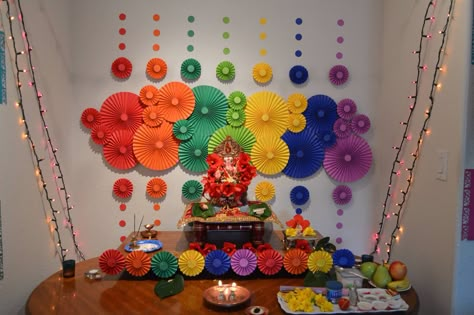 Ideas To Get Your Kids Involved This Ganesh Chaturthi Chaturthi Decoration, Ganpati Decor, Mandir Decoration, Ganesh Chaturthi Decoration, Kerajinan Diy, Ganpati Decoration At Home, Janmashtami Decoration, Ganapati Decoration, Diwali Decorations At Home