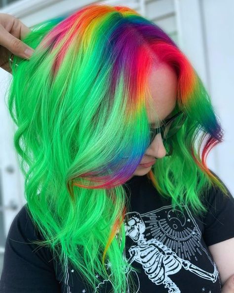 Green And Rainbow Hair, Vivid Hair Color Placement, Creative Hair Color Placement, Rainbow Roots, Wig Closet, Hair Color Placement, Vivid Hair, Hairdressing Training, Rave Hair