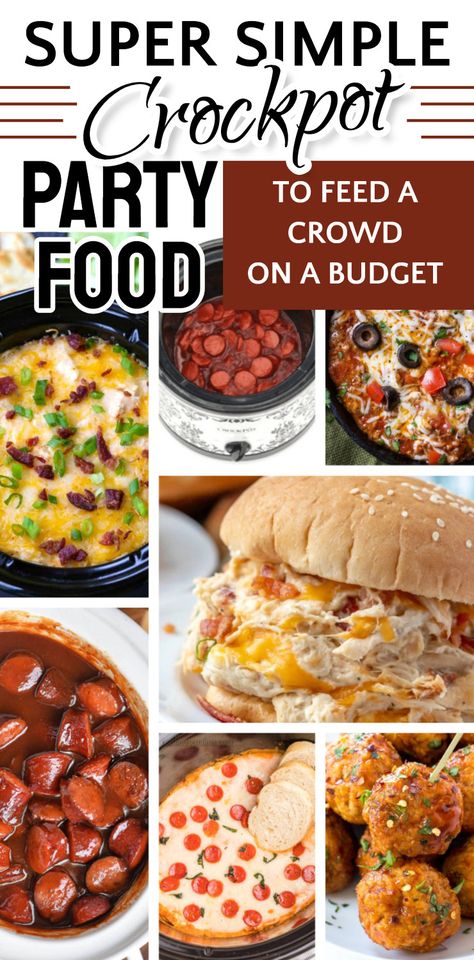 29+ Super simple crockpot party food recipes to feed a crowd on a budget - If you're looking for simple appetizers, finger foods and easy appetizer bites to serve this Fall or Christmas, these are the BEST dump and go appetizer recipes I've tried! From hot dips to easy shareable snacks for party events, these slow cooker party food recipes will feed a crowd AND are budget-friendly! Hot Party Food For A Crowd, 30 People Party Food, How To Cook For A Crowd, Easy Potluck Dinner Ideas, Cheap Party Meals, Staff Party Food Ideas, Large Batch Appetizers, Big Group Appetizers, Easy Recipes To Bring To A Party