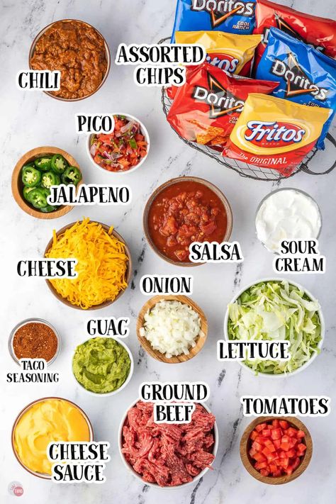 Walking Tacos For Graduation Party, Walking Tacos Bar Wedding, Walking Taco Ingredients, Walking Tacos Party Ideas, Walking Tacos Bar Party, Walking Taco Board Ideas, Easy Walking Tacos, Walking Taco Graduation Party Ideas, Bon Fire Party Food