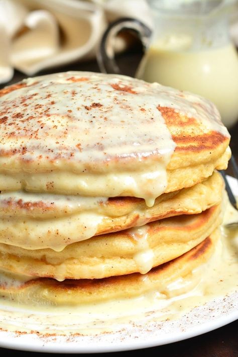 Eggnog Pancakes. Soft, fluffy pancakes made with eggnog, spiced up with nutmeg, and topped with an easy Eggnog Sauce that can be make with or without rum. #pancakes #breakfast #eggnog #sauce Eggnog Sauce, Eggnog Pancakes Recipe, Holiday Morning Breakfast, Eggnog Pancakes, Christmas Desserts Cakes, Easy Eggnog, Will Cook For Smiles, Morning Recipes Breakfast, Eggnog French Toast