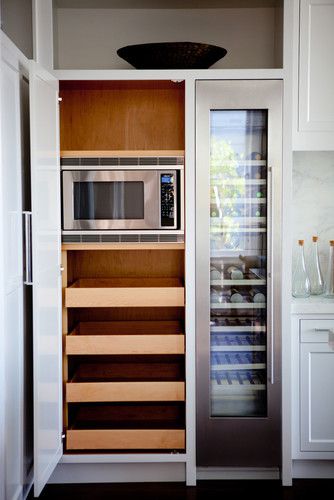 Microwave built-in to tall cabinet with roll-outs below. Microwave In Pantry, Ada Kitchen, Laundry Reno, Microwave Cabinet, Built In Pantry, Tall Kitchen, Butlers Pantry, Kitchen Cabinets Decor, Studio Inspiration