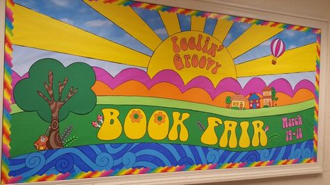 Groovy Book Fair bulletin board 70s Ra Bulletin Board, Groovy Theme Bulletin Boards, 60s Bulletin Board Ideas, Vw Bus Bulletin Board, 70s Bulletin Board, Book Fair Door Decorations, 70s Theme Bulletin Board, Groovy Book Fair, Book Fair Bulletin Board Ideas