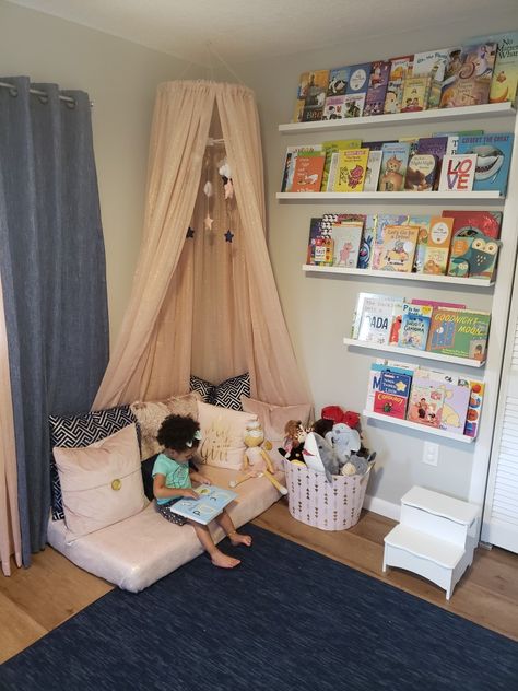 Play Nook Ideas, Classroom Canopy Reading Nooks, Canopy Over Chair Reading Nooks, Toddler Mattress Reading Nook, Canopy Book Corner, Playroom Reading Corner Cozy, Reading Book Canopy, Book Corner Ideas Bedroom For Kids, Kallax Reading Corner