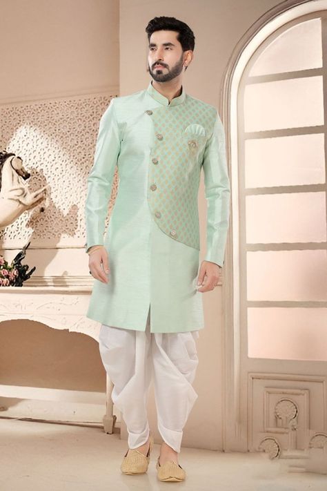 Mint Green Designer Semi Indo Western Outfit Sherwani With Dhoti, Pakistani Suits Party Wear, Indo Western Outfit, Indowestern Sherwani, Indo Western Sherwani, Lehenga Style Saree, Readymade Salwar Kameez, Pista Green, Lehenga Choli Wedding