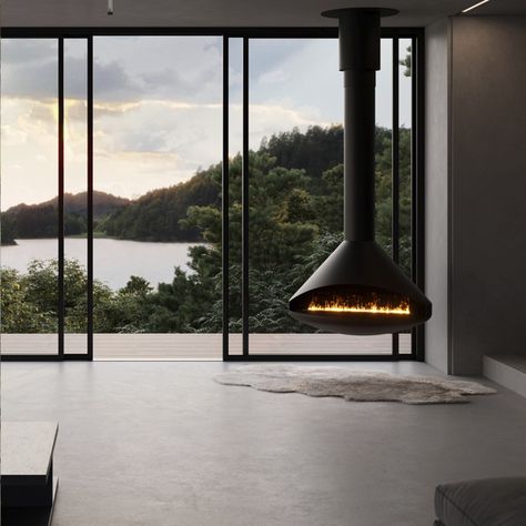 Suspended Fireplace | Modern Eco Bioethanol Fires | Naked Flame NZ Mid Century Modern Hanging Fireplace, Suspended Electric Fireplace, Suspended Fireplace Modern, Unique Fireplace Design, Pendant Fireplace, Nordic Fireplace, Cabin Fireplace Ideas, Eco Fireplace, Biofuel Fireplace