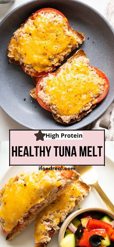 Healthy Tuna Melt recipe with canned tuna, a bit of cream cheese and no mayo, served on a slice of whole grain bread. Easy 10 minute lunch or dinner! Tuna Ideas Canned, Healthy Dinner Recipes Tuna, Tomato Tuna Melt, Bariatric Tuna Recipes, Canned Tuna Recipes No Mayo, Tuna Snack Ideas Healthy, Healthy Tuna Melt Recipe, Low Calorie Tuna Melt, Tuna Dinner Ideas Healthy