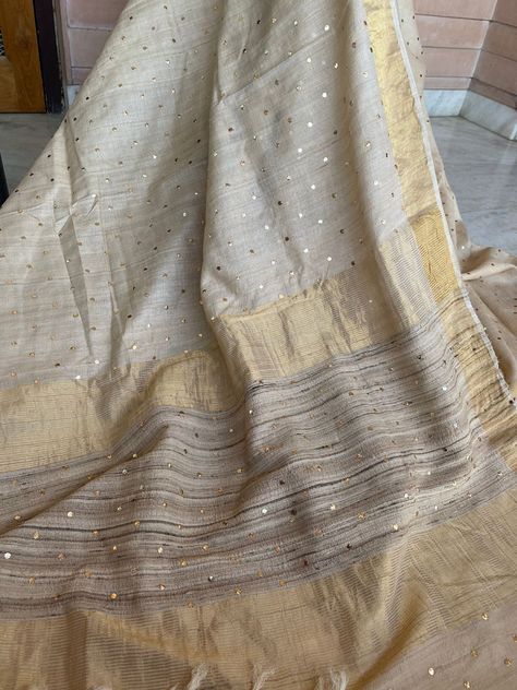 Pure Handloom khadi tusser silk saree with beautiful Mukesh work done(dye able) #khadi #khadisaree #silk #silksaree #zariwork #addons Mukesh Work Saree, Khadi Sarees, Mukesh Work, Partywear Suits, Saree Ideas, Khadi Saree, Indian Saree, Saree Dress, Work Sarees